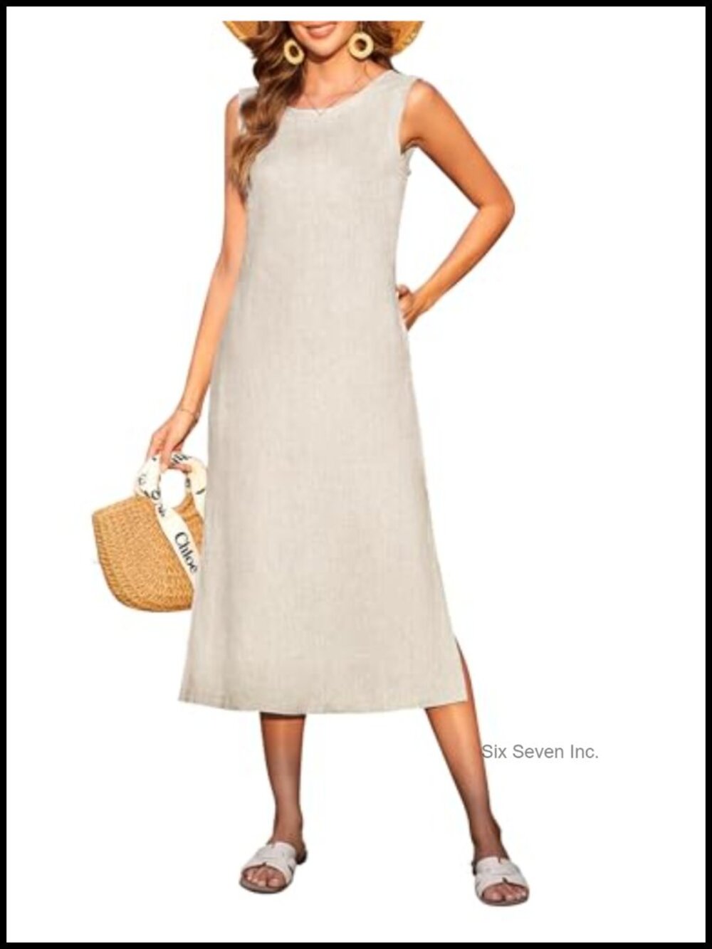 100% Linen Midi Dress Crew Neck Sleeveless Backless Summer Casual with Pockets